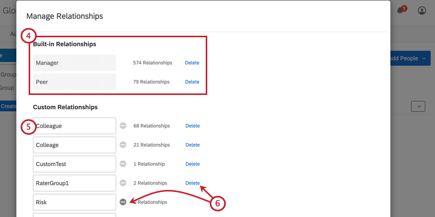 La pantalla de administración de relaciones se divide en dos secciones: relaciones integradas y relaciones personalizadas.