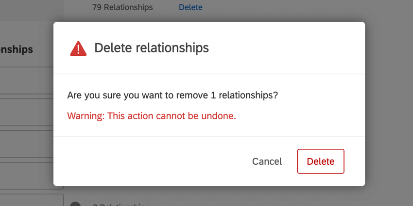 a janela de confirmação de exclusão para excluir relações