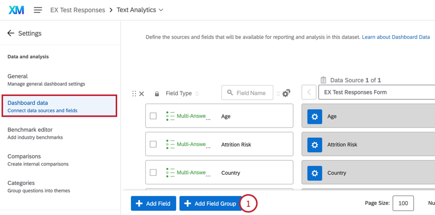 ダッシュボードデータタブの下部にあるフィールドグループの追加をクリックする。