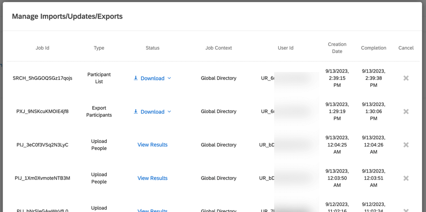 a janela gerenciar importações/atualizações/exportações anteriores