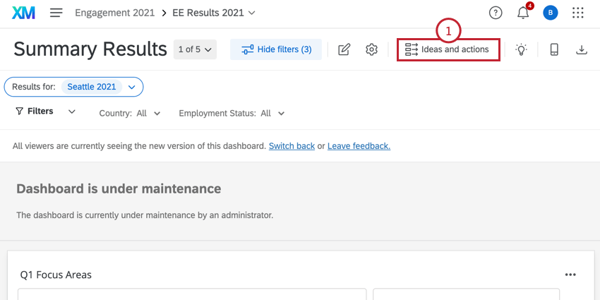 the ideas and actions button at the top of a dashboard