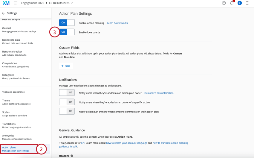 habilitar quadros de ideias nas configurações plano de ações