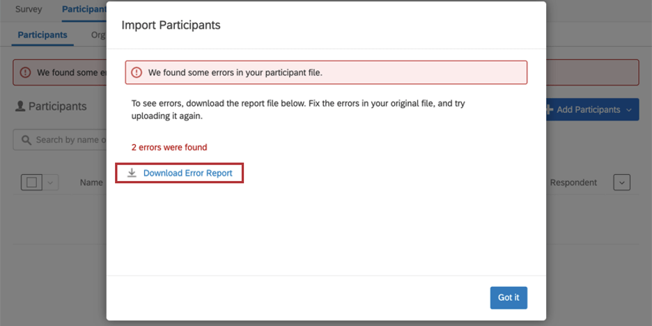 Mensaje de advertencia de error rojo. Enlace para descargar errores