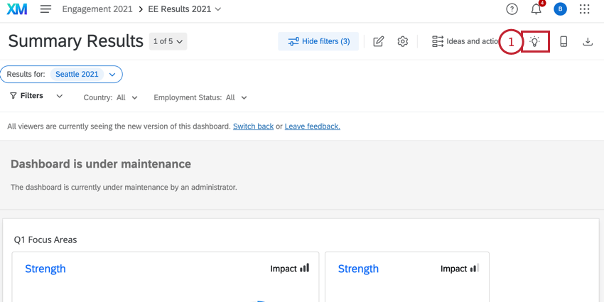 il pulsante insights nella parte superiore di una Dashboard EX