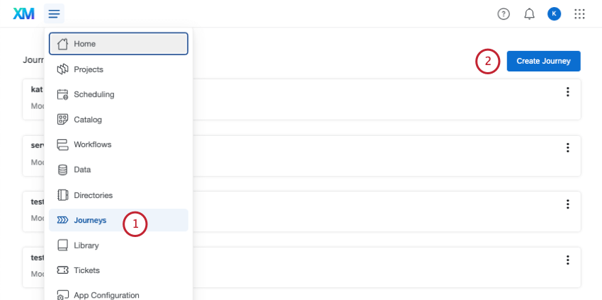 opening the journeys page from global navigation and clicking the create journey button at the top