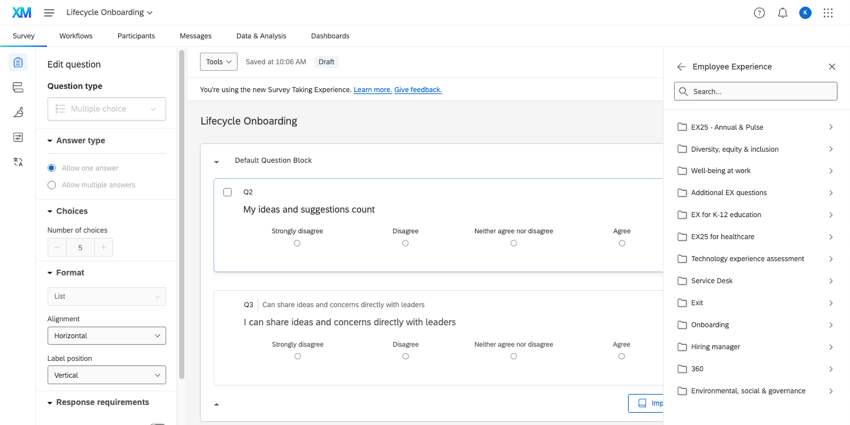 Lifecycleプロジェクトを編集している画像。質問をインポートすることで、トピックのライブラリを利用できるパネルが開く