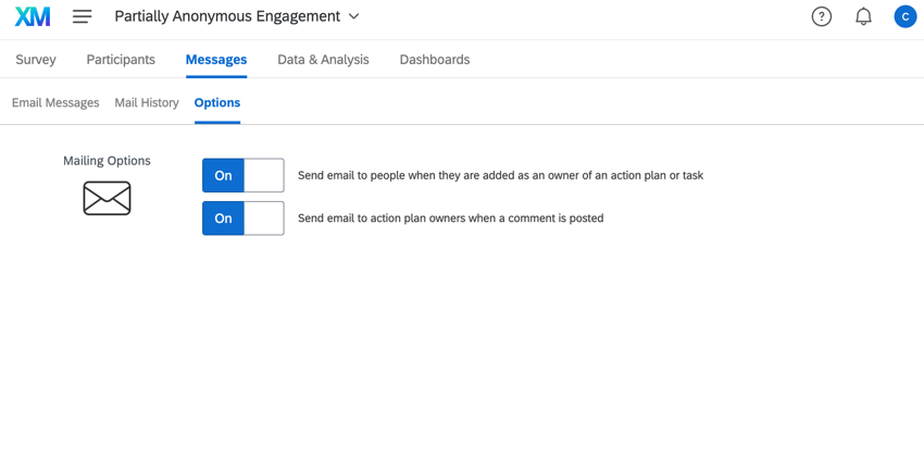 la section des options de longlet des messages