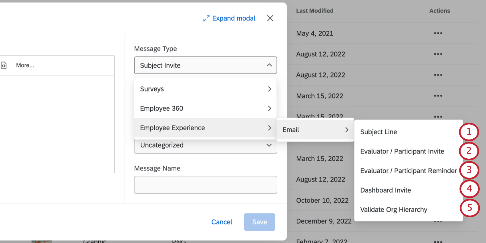 Varios tipos de mensajes disponibles para proyectos de Employee Experience