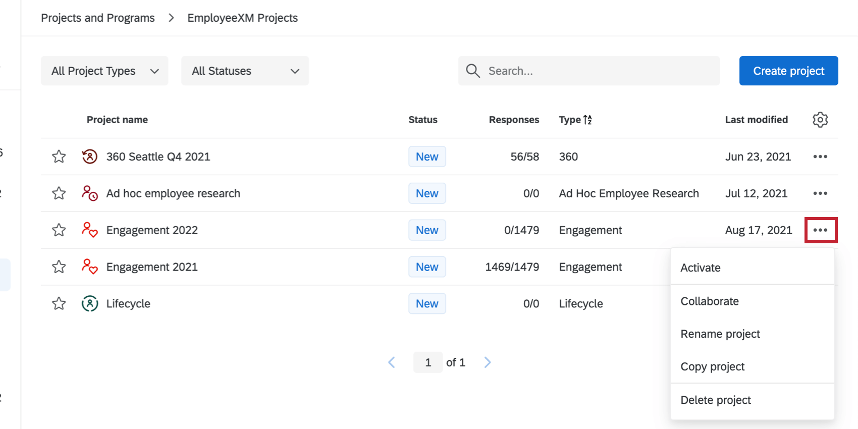 The dropdown next to a project reveals several options