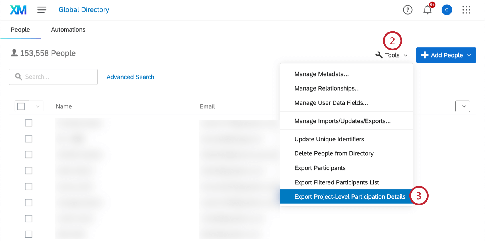 En el directorio de empleados, seleccionando la exportación de participación a nivel de proyecto en el menú de herramientas