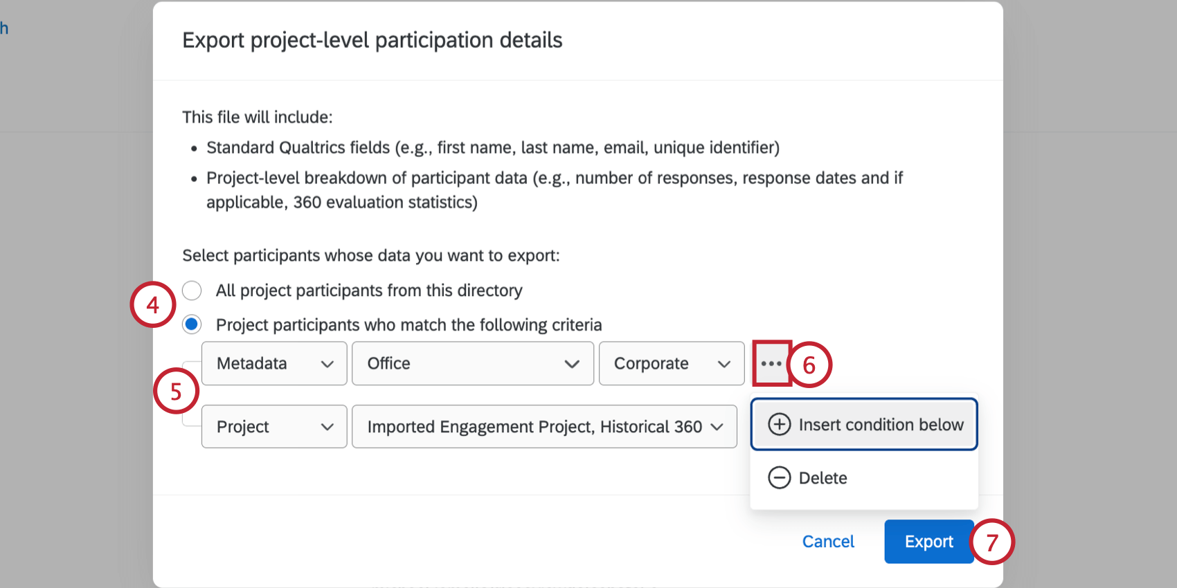 choosing criteria for the participants included in the export
