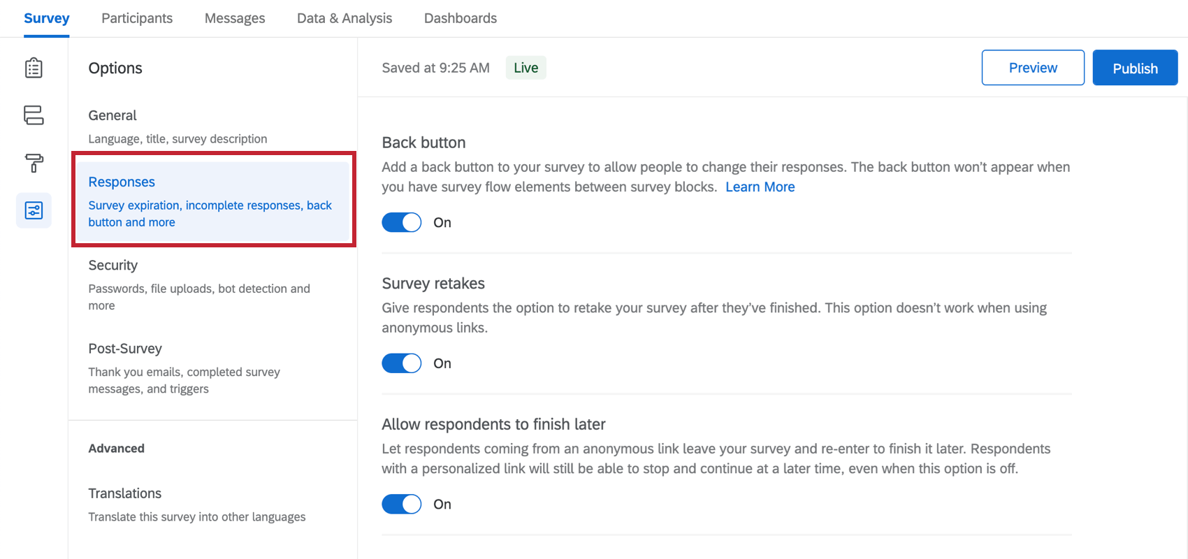 Sezione Risposte delle opzioni del sondaggio