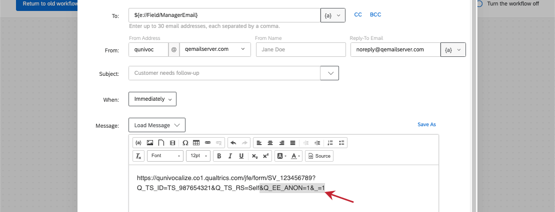 the URL described is pasted inside an email task, with the first part to be deleted highlighted in grey