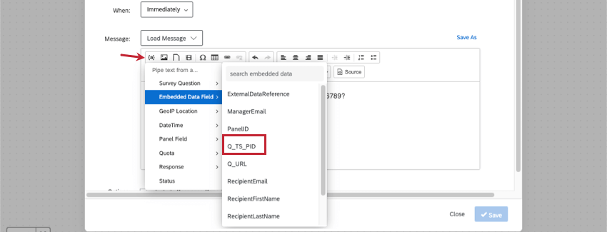 La captura de pantalla muestra los menús de texto dinámico , comenzando con la letra A entre llaves, siguiendo el menú de datos embebidos para encontrar el campo Q TS PID