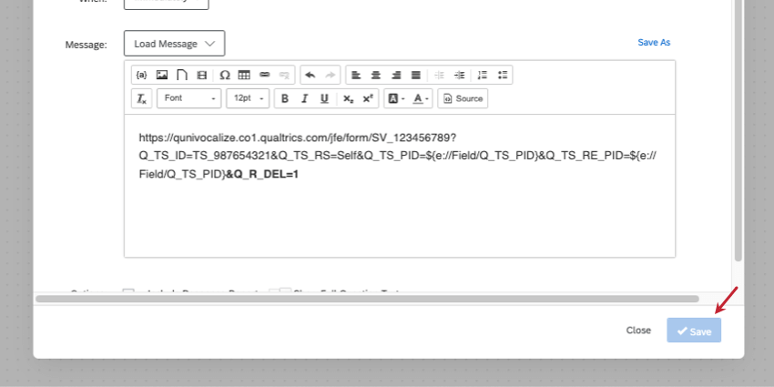 finished URL in an email task. save button is in the bottom-right