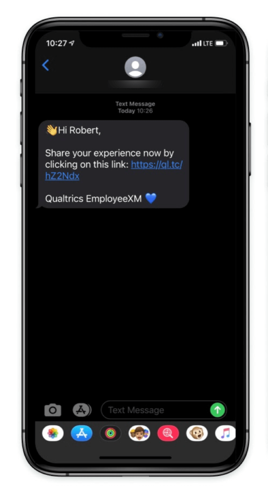 a mobile phone showing a text message that contains a survey invite with link