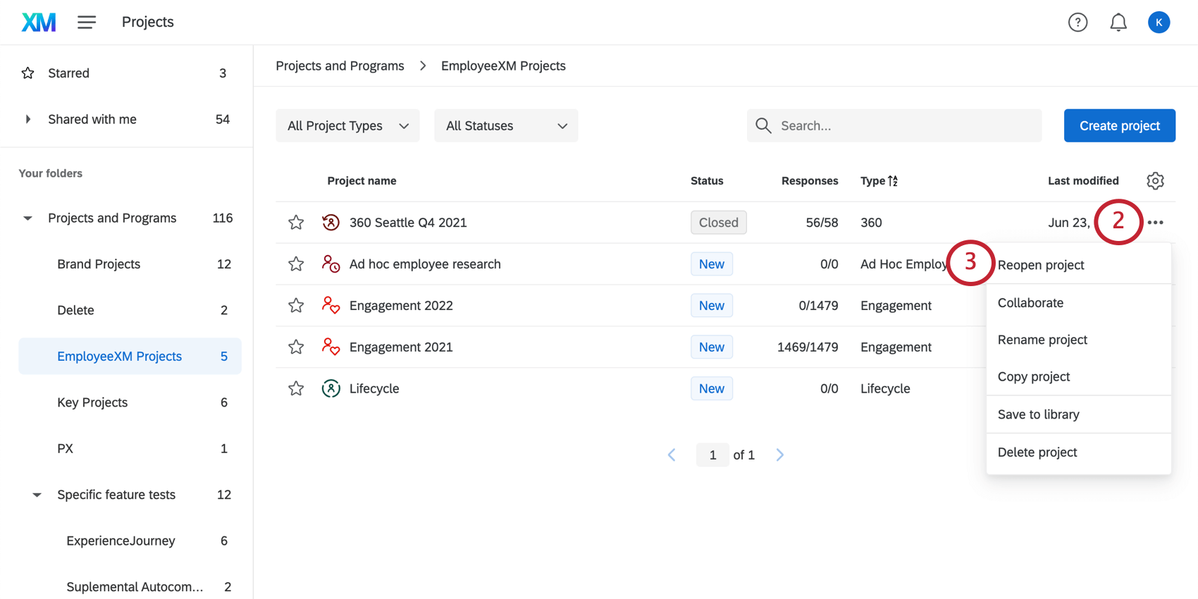 Utilizzando il menu a tendina avanti al progetto per Riaprire il progetto