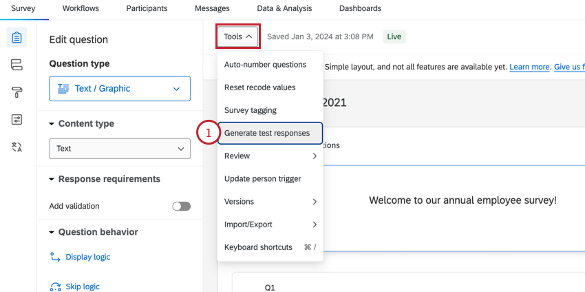 en choisissant de générer des réponses test dans le menu Outils
