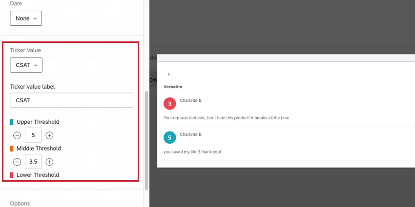 Valore del ticker e soglie evidenziate nel pannello di modifica del widget