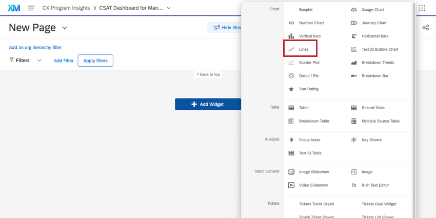 Menú ampliado desde el botón Agregar widget