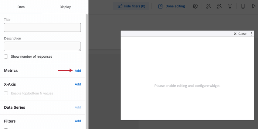 Metrics section of widget editing pane has an Add button