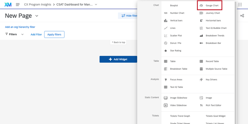 Menu élargi à partir du bouton dajout de widget
