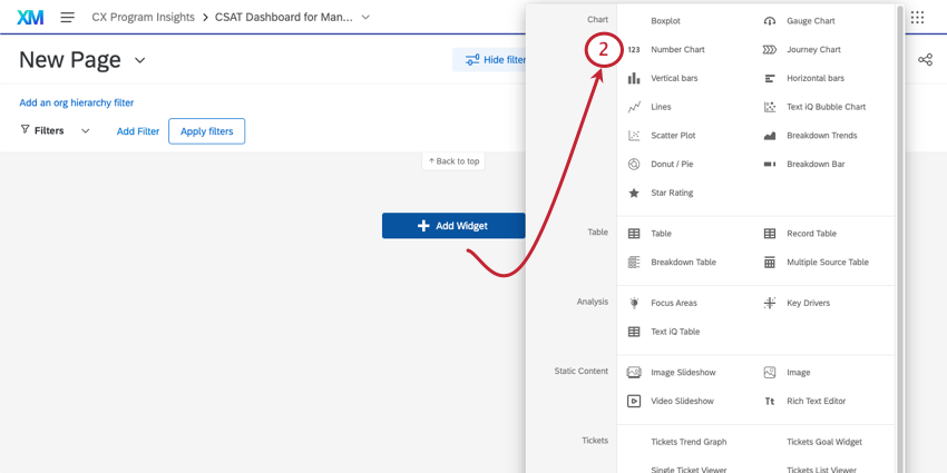 Menu expandido a partir do botão Adicionar widget