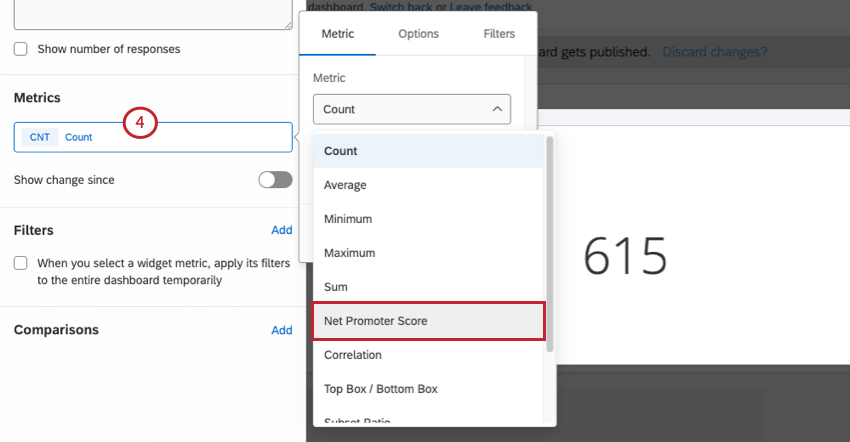 Pulsante verde per il conteggio nella stessa sezione delle metriche del pannello di modifica del widget