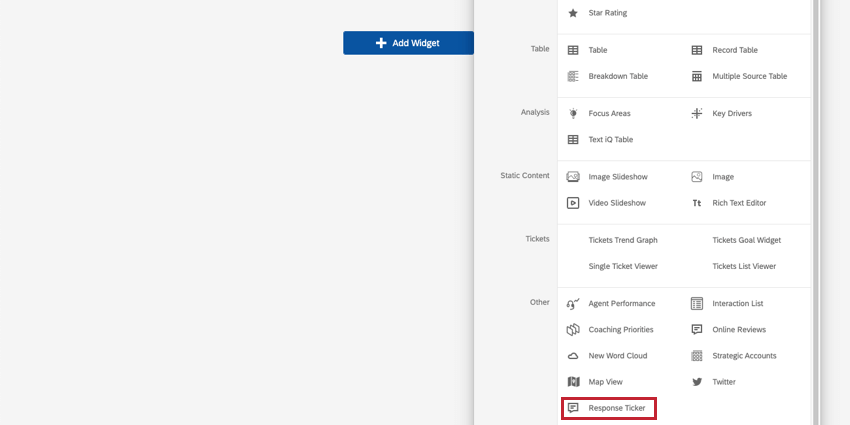 Menu expandido a partir do botão Adicionar widget