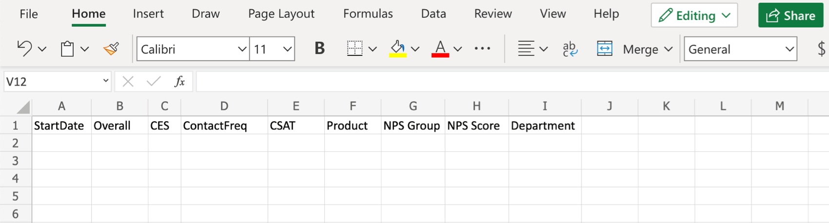 exemplo de uma pasta de trabalho do Excel com cabeçalhos de coluna