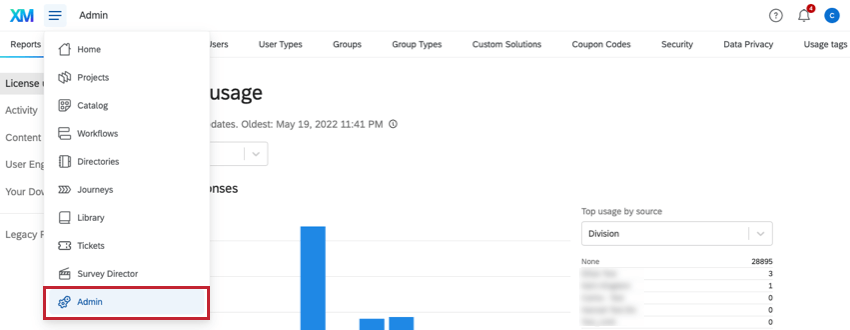 admin tab highlighted in the global navigation menu