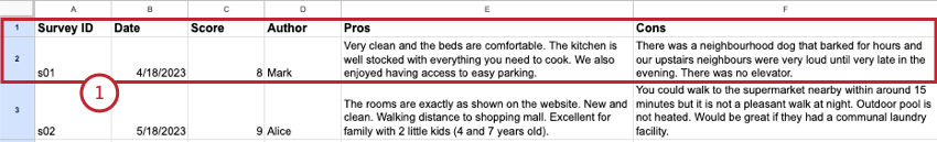 En este ejemplo de documento, cada fila representa un documento separado.