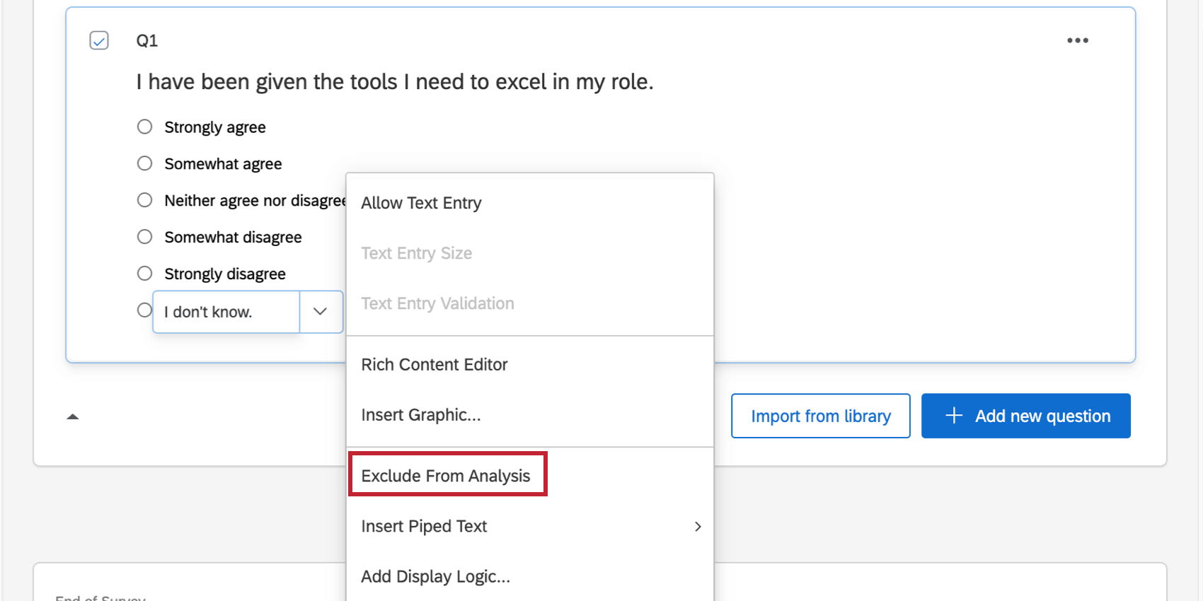 Question in survey tab. Choice selected, blue dropdown arrow selected
