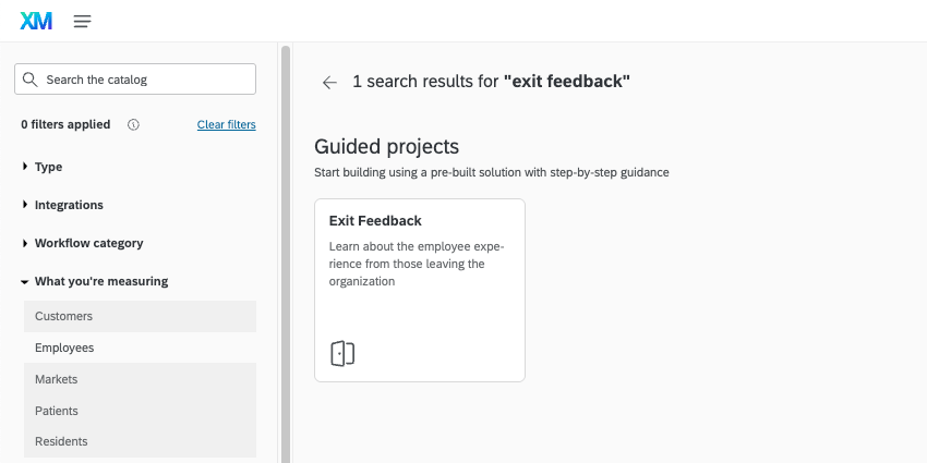 schermata del catalogo che mostra il feedback di uscita dal progetto guidato