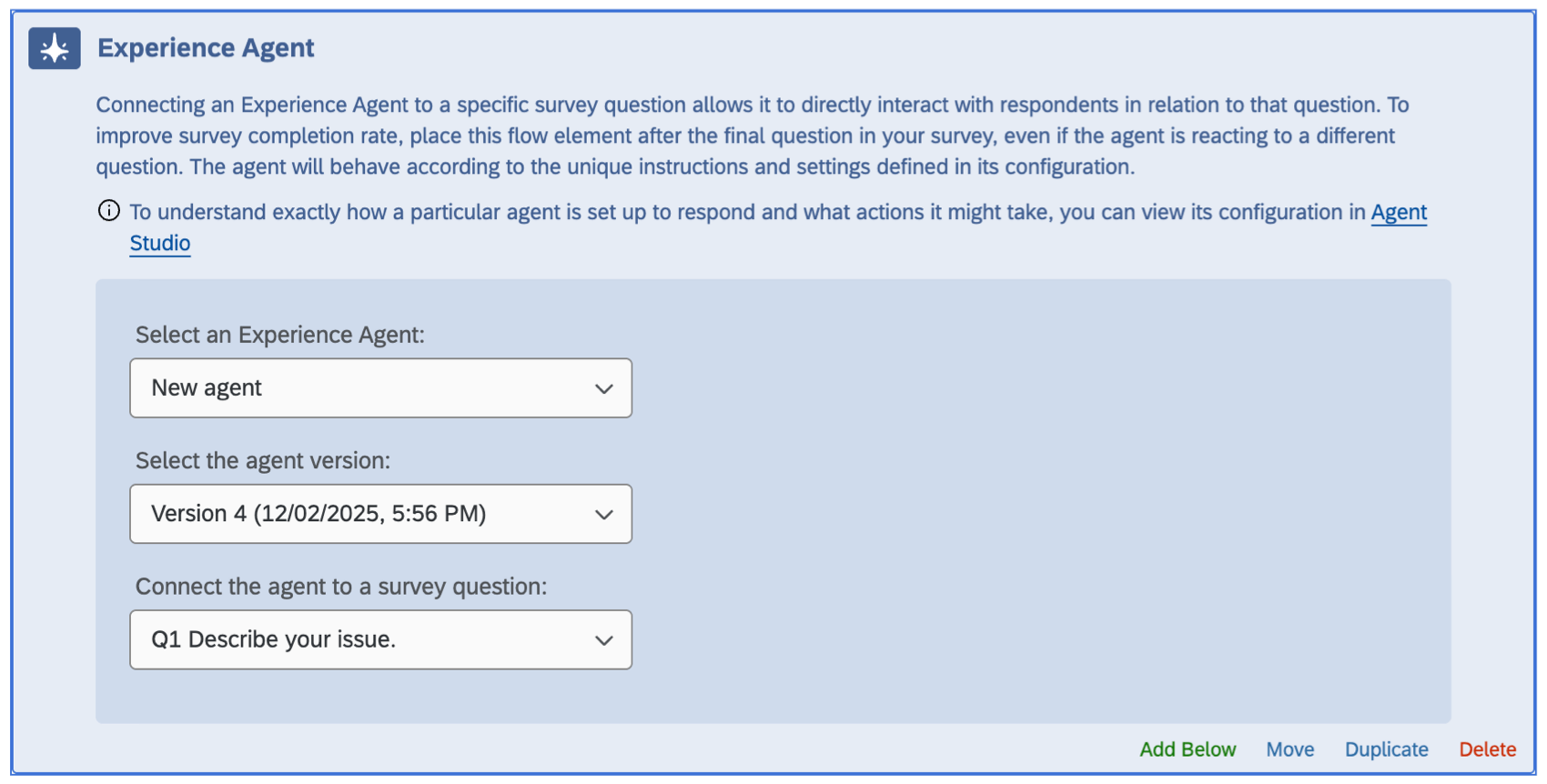 experience agent element within the survey flow