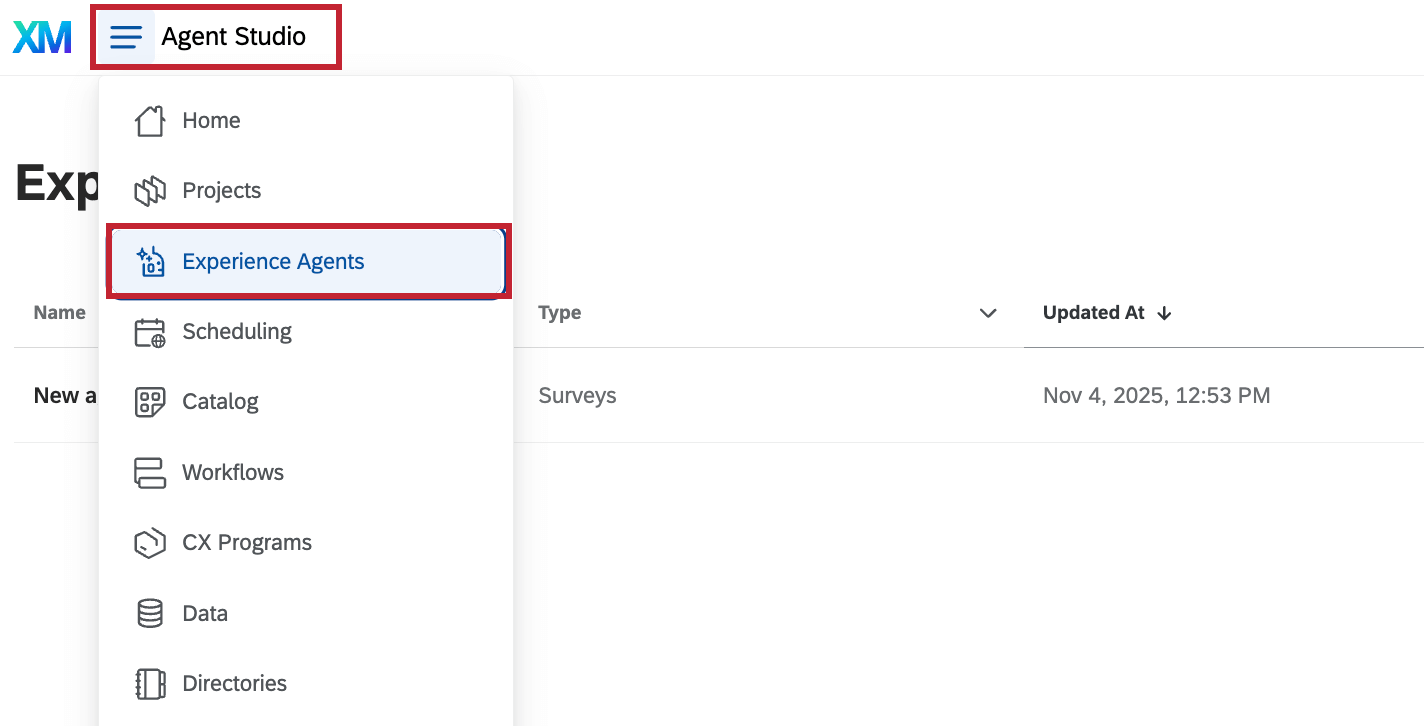 le studio de lagent dans le menu de navigation global