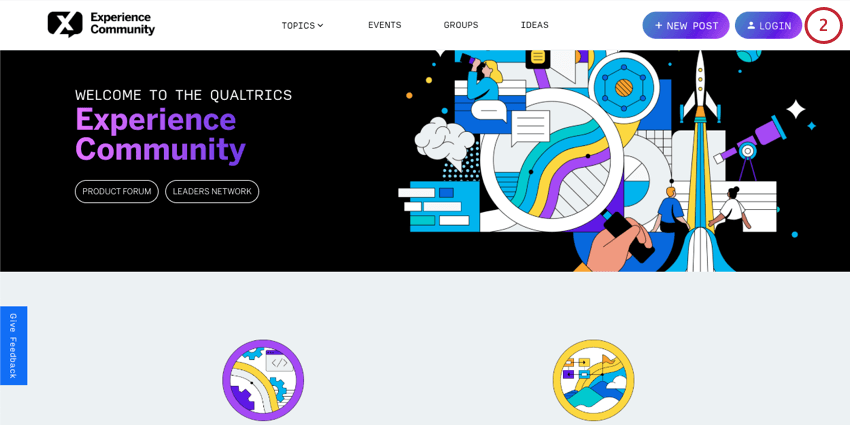 community-Homepage erleben. Login-Button im obersten Banner