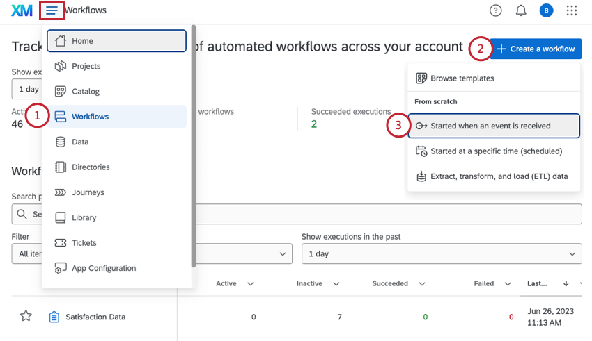 Navigieren zur Seite für eigenständige Workflows und Erstellen eines Ereignis Workflow