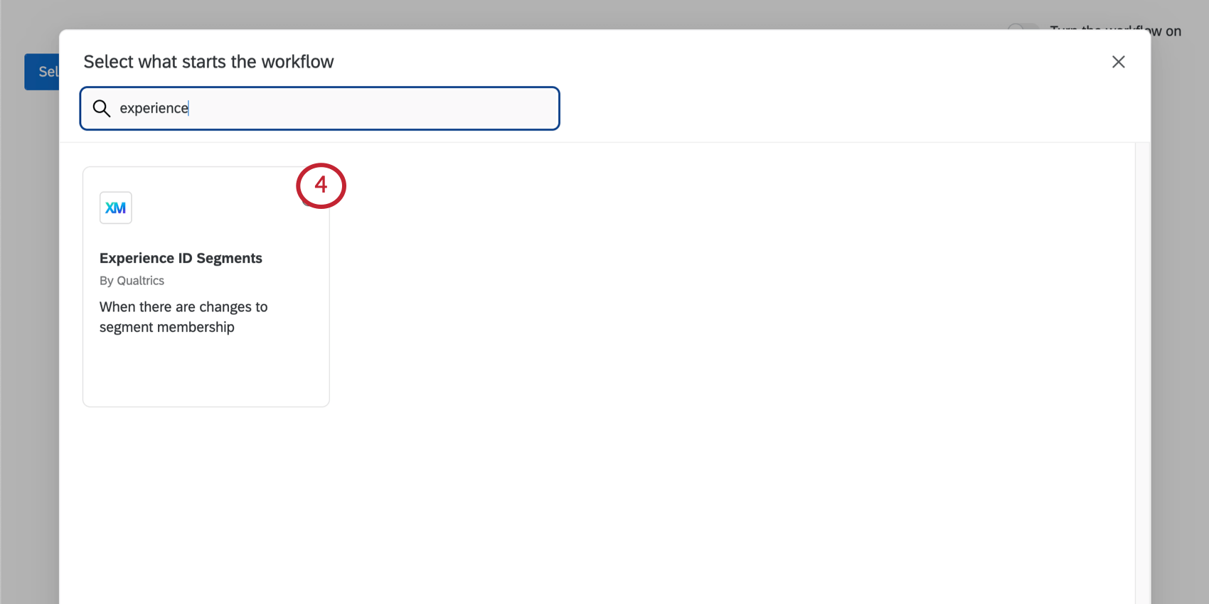 Experience is typed into the search bar, and the option named Experience ID Segments is highlighted