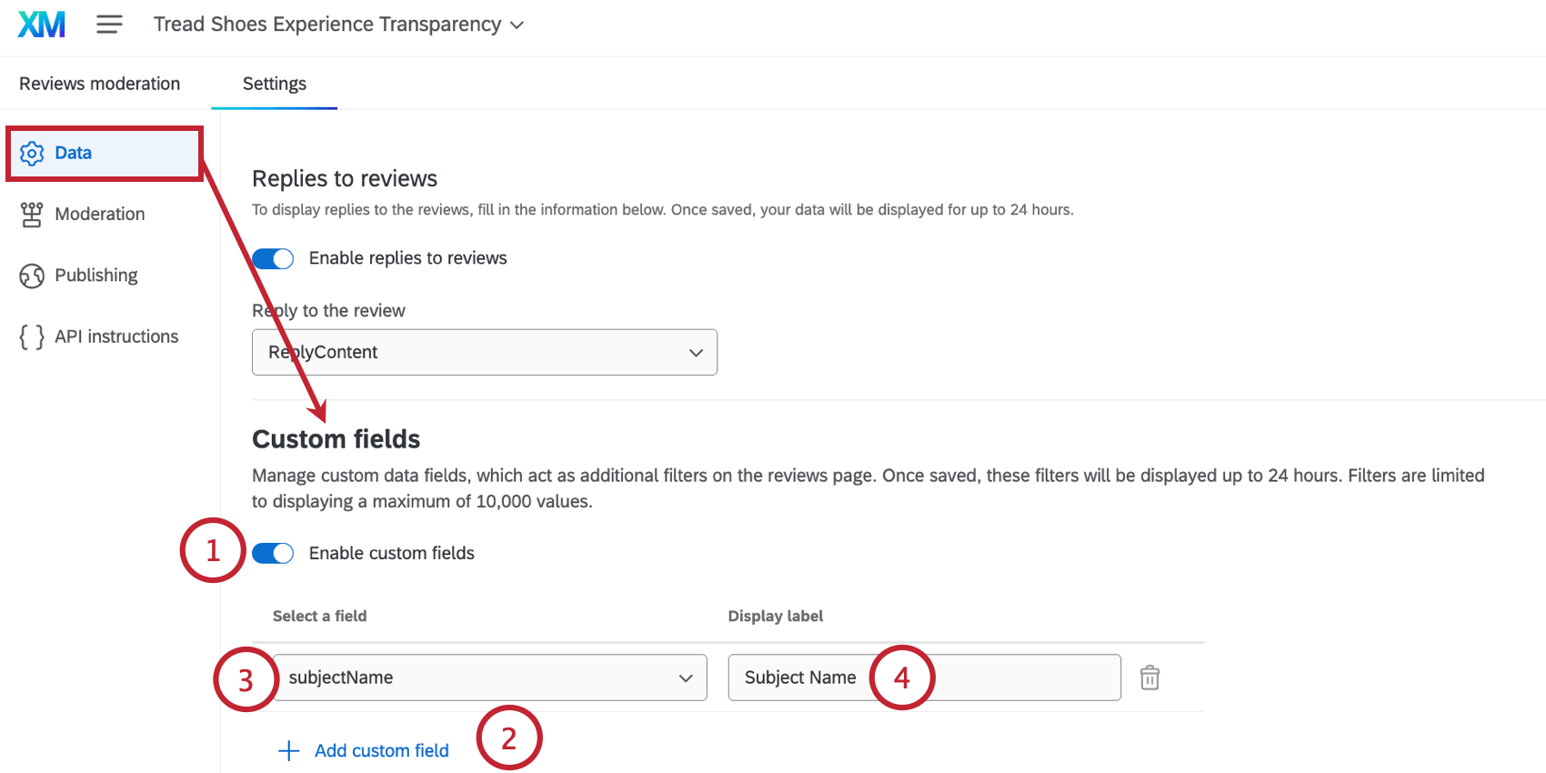 nas configurações de campos personalizados, escolhendo campos adicionais para usar como filtros