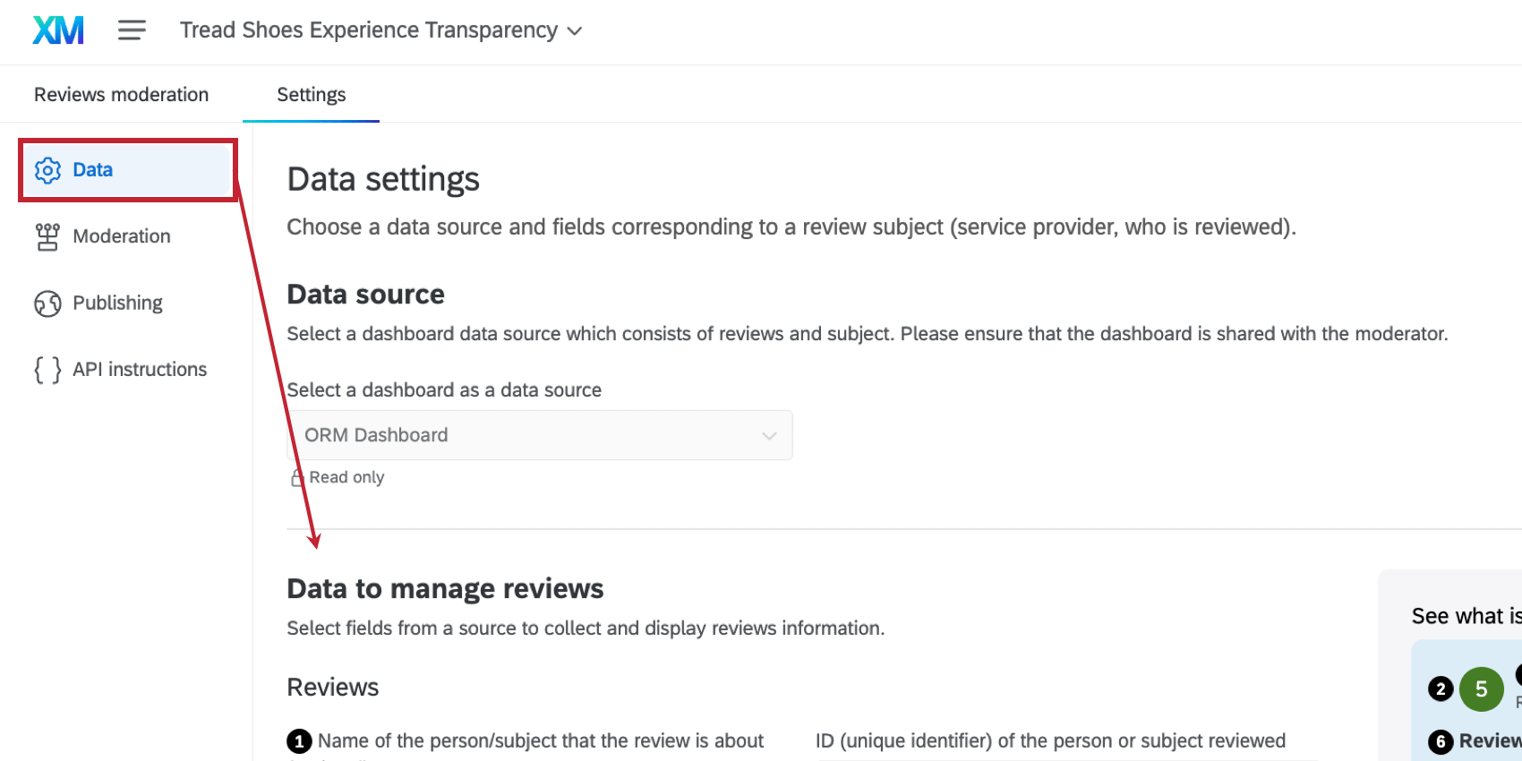 the "data to manage reviews" section of the data tab