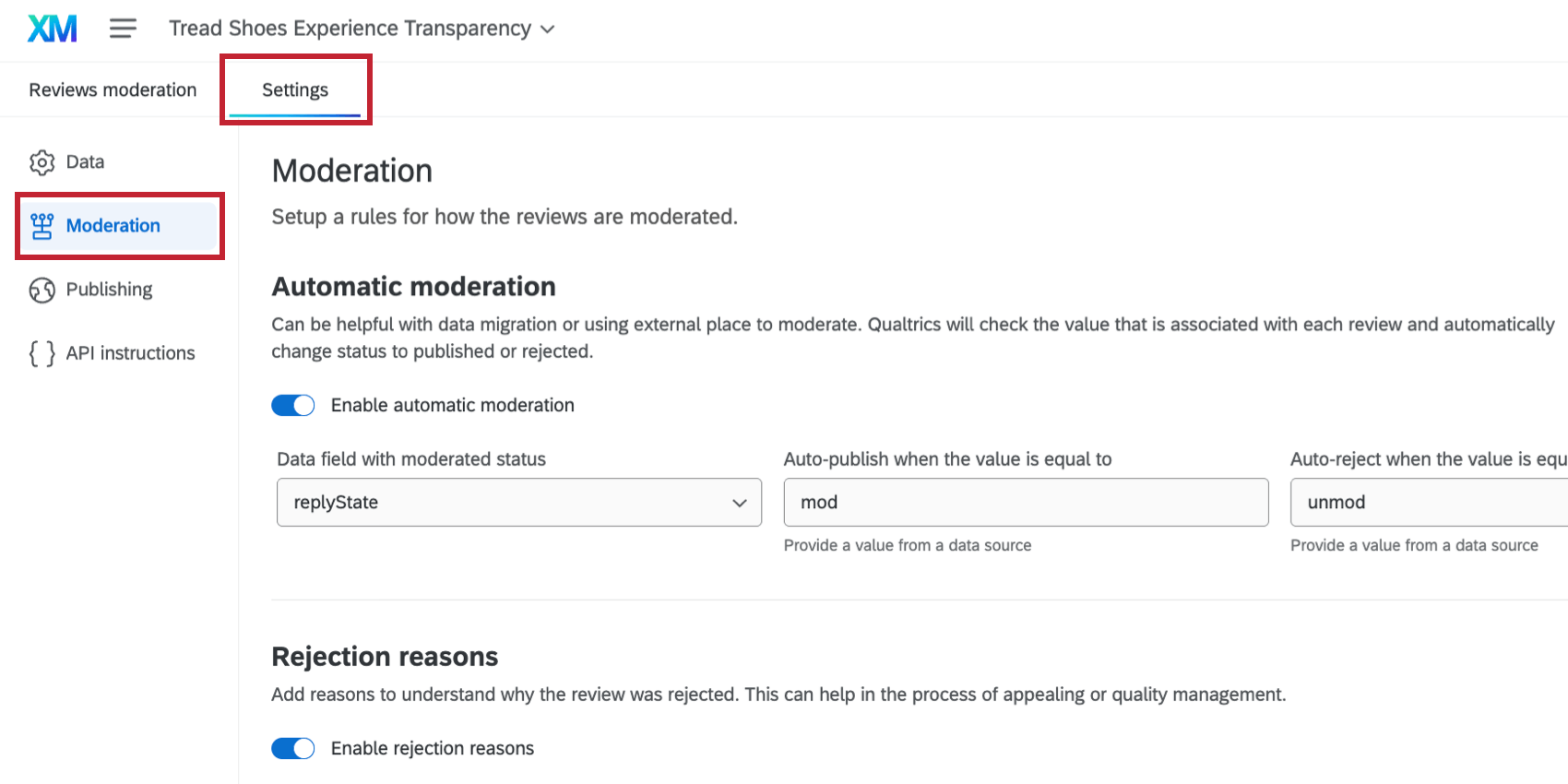 la sección de moderación de la configuración del proyecto