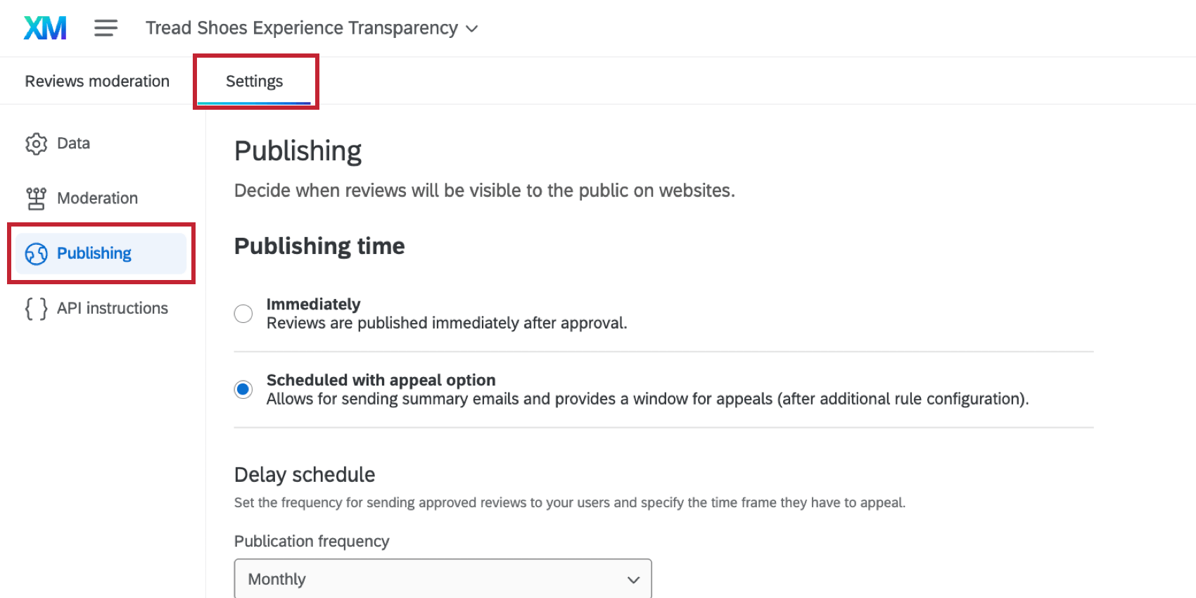 a seção Publicação das configurações do projeto