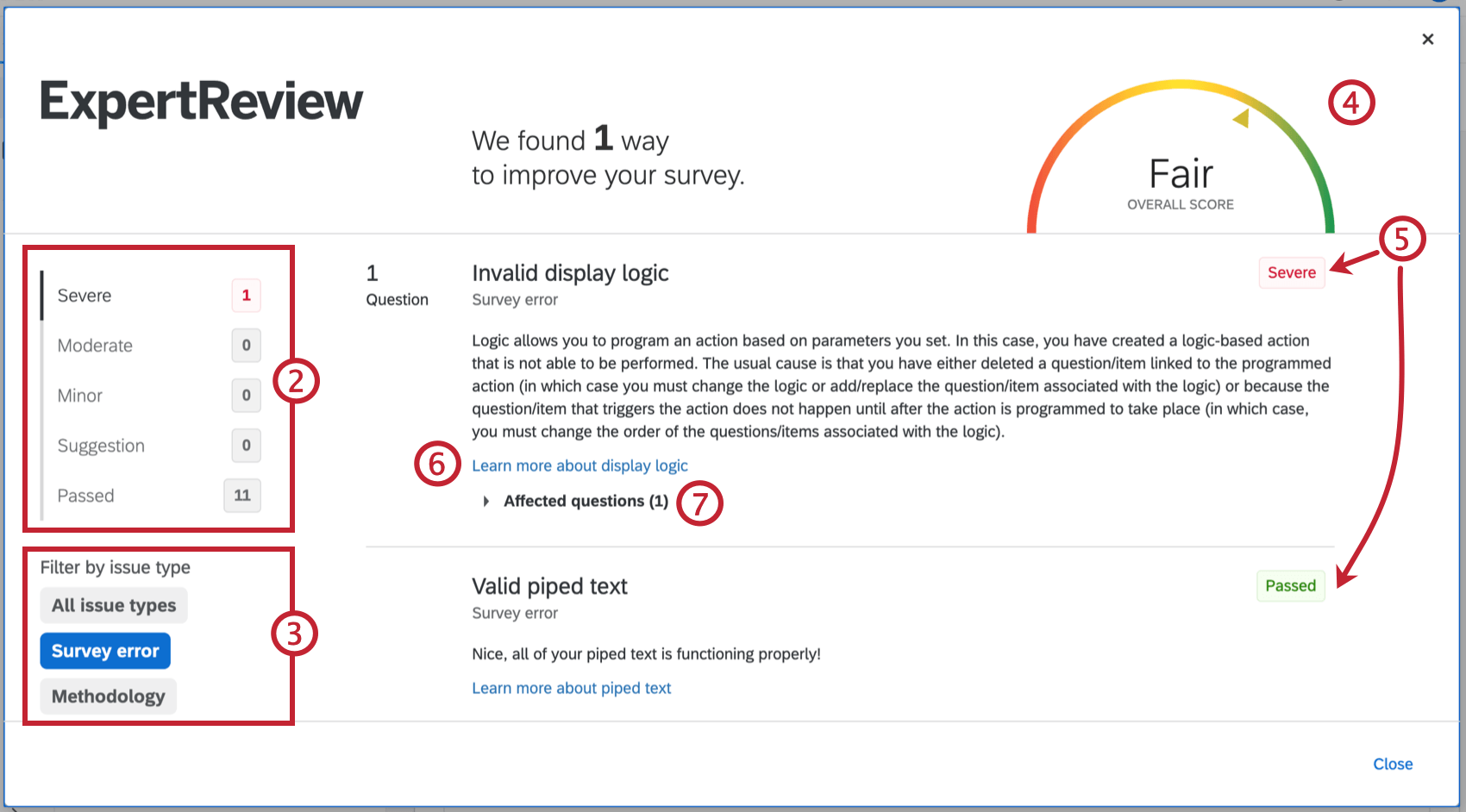 The parts of the ExpertReview modal, explained. Start from menus of left, go back to top and work down entire middle/right of modal
