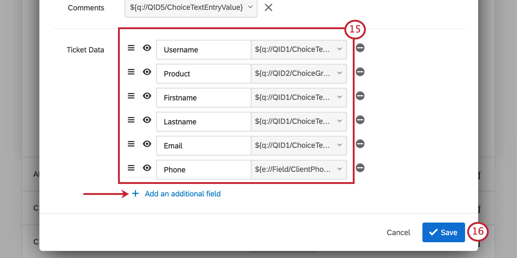Unenorme lista di dati relativi ai ticket. Tutti corrispondono ai moduli del modulo di immissione di testo creato in precedenza: nome, indirizzo e-mail, nome utente e telefono
