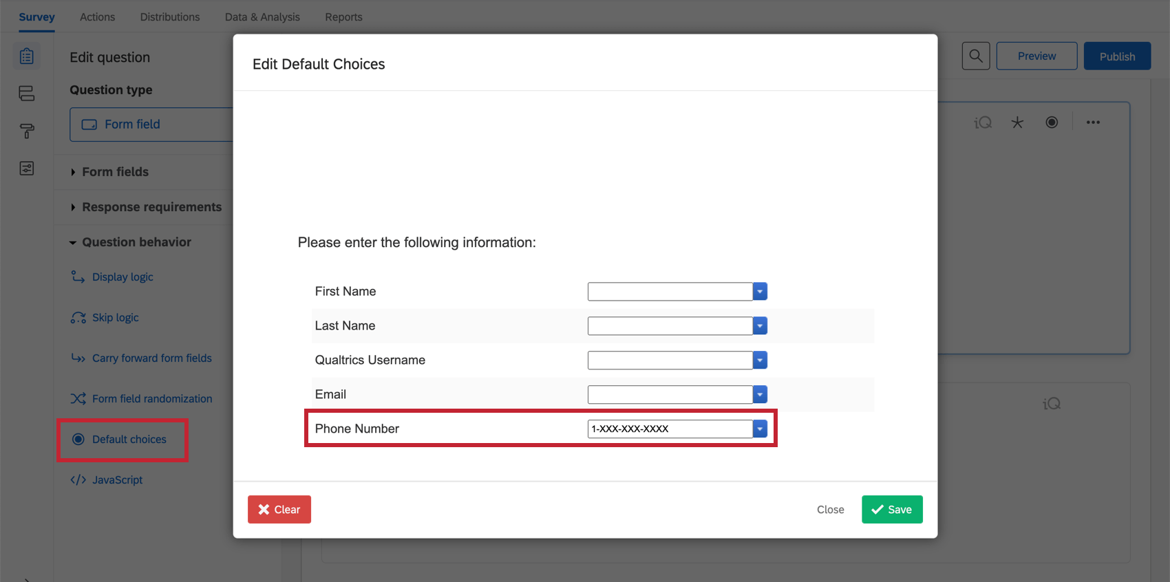 Setting a default choice