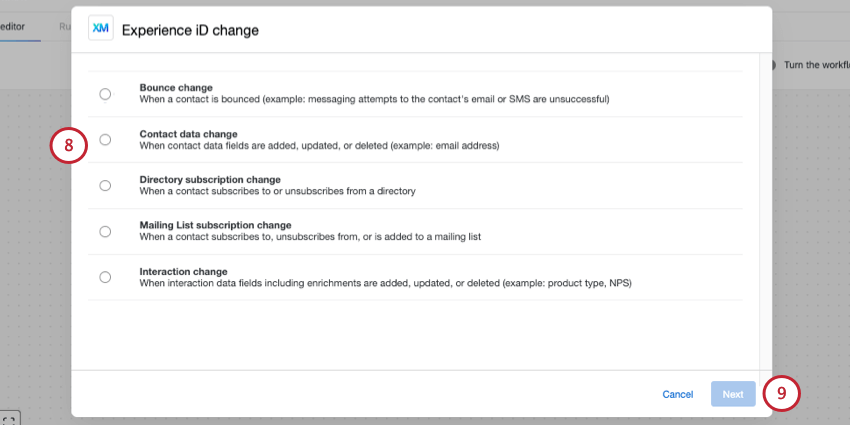 tous les évènements de changement dExperience iD listés