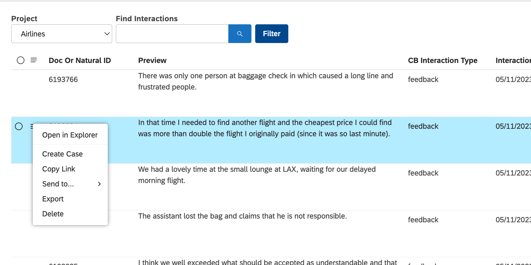 Delete option at the bottom of a menu expanded from the hamburger menu next to an interaction