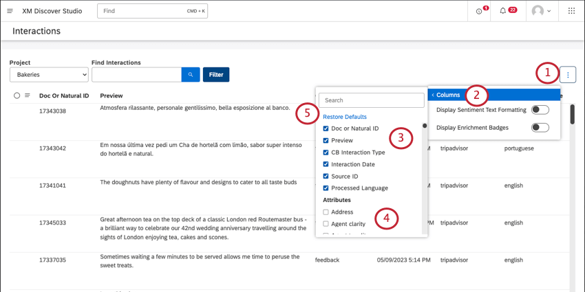 displaying columns on the interactions page