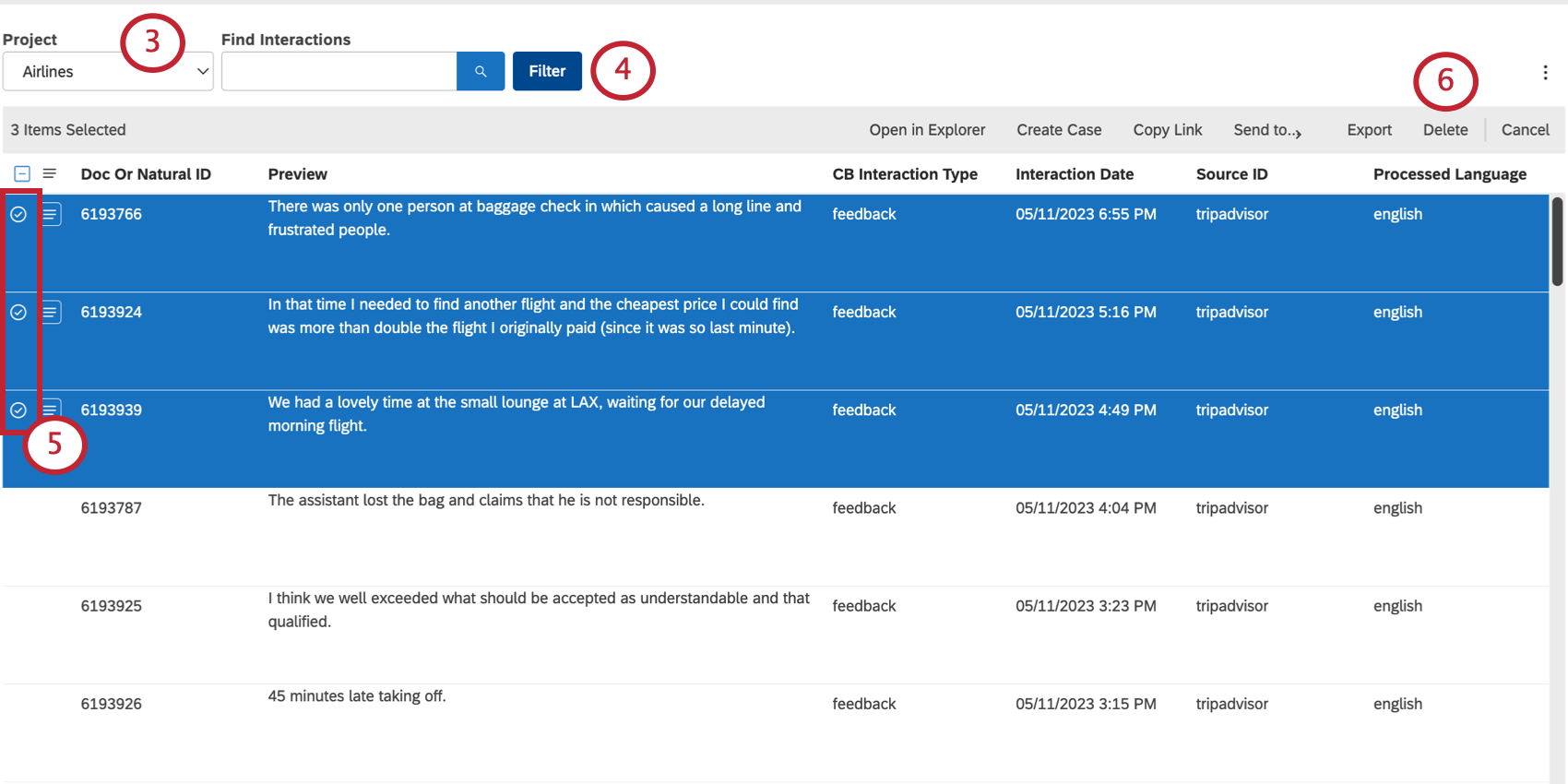 numbered components of the Interactions page